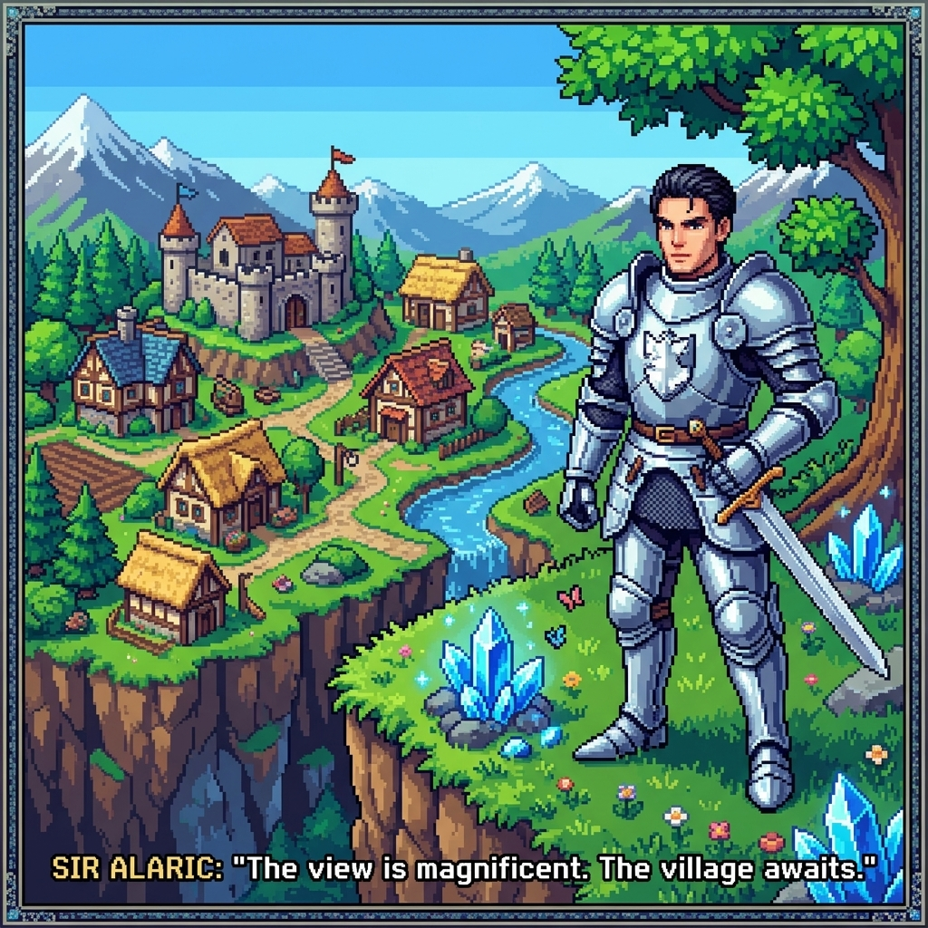 16-bit pixel art video game screenshot, a brave knight stand